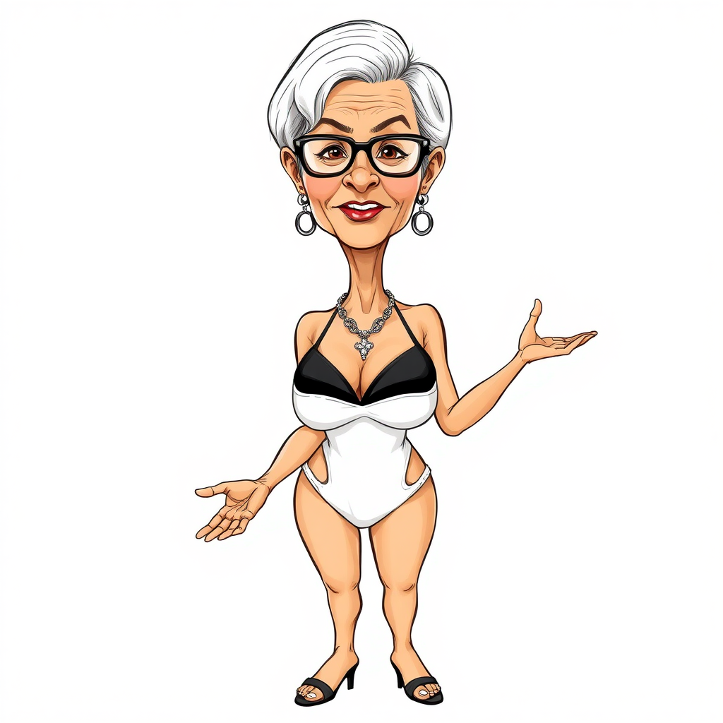 a towering 55 Years old, fit, slim, European, Latina, sharp aquiline nose, wrinkles, high cheekbones, Middle Eastern, Skinny, Tanned skin, Dark light skin, Rounded Medium breasts, Skinny thighs, full Makeup, jewelry, Serious face, Sharp nose, Ash hair, short bowl haircut, Brown eye color, Glasses, with detailed features. she is wearing black balconette bras and a white high cut cut out slingshot swimsuit, detailed fabric.  full body, high heels sandals, she is gesturing at the viewer, 
long establishing shot, 2D, caricature, cartoon, Sketch lines, coloring book, black and white, coloring book style on white background, well composed, clean coloring book page, No dither, no gradient, strong outline, No fill, No solids, vector illustration, realistic proportions