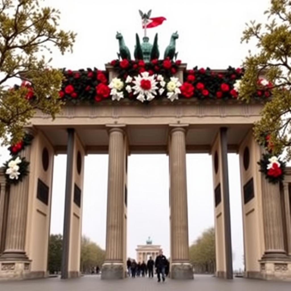 The entire Brandenburg Gate is decorated with black, white, and red flowers, and a flag is flying on the gate.