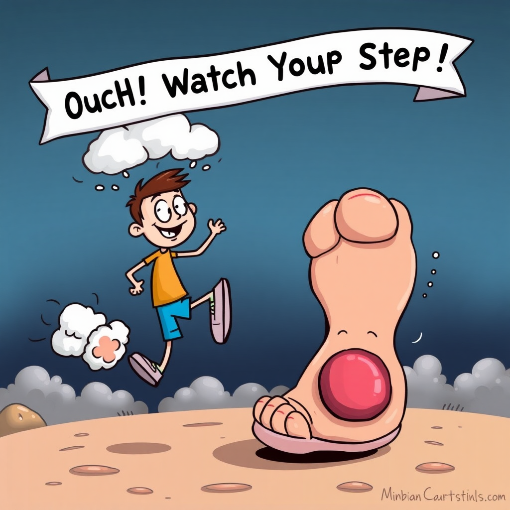 An imaginative scene showing a cartoon character hopping on one foot with a large blister on the other foot, surrounded by humorous, exaggerated clouds of discomfort, while a banner overhead reads, "Ouch! Watch Your Step!"