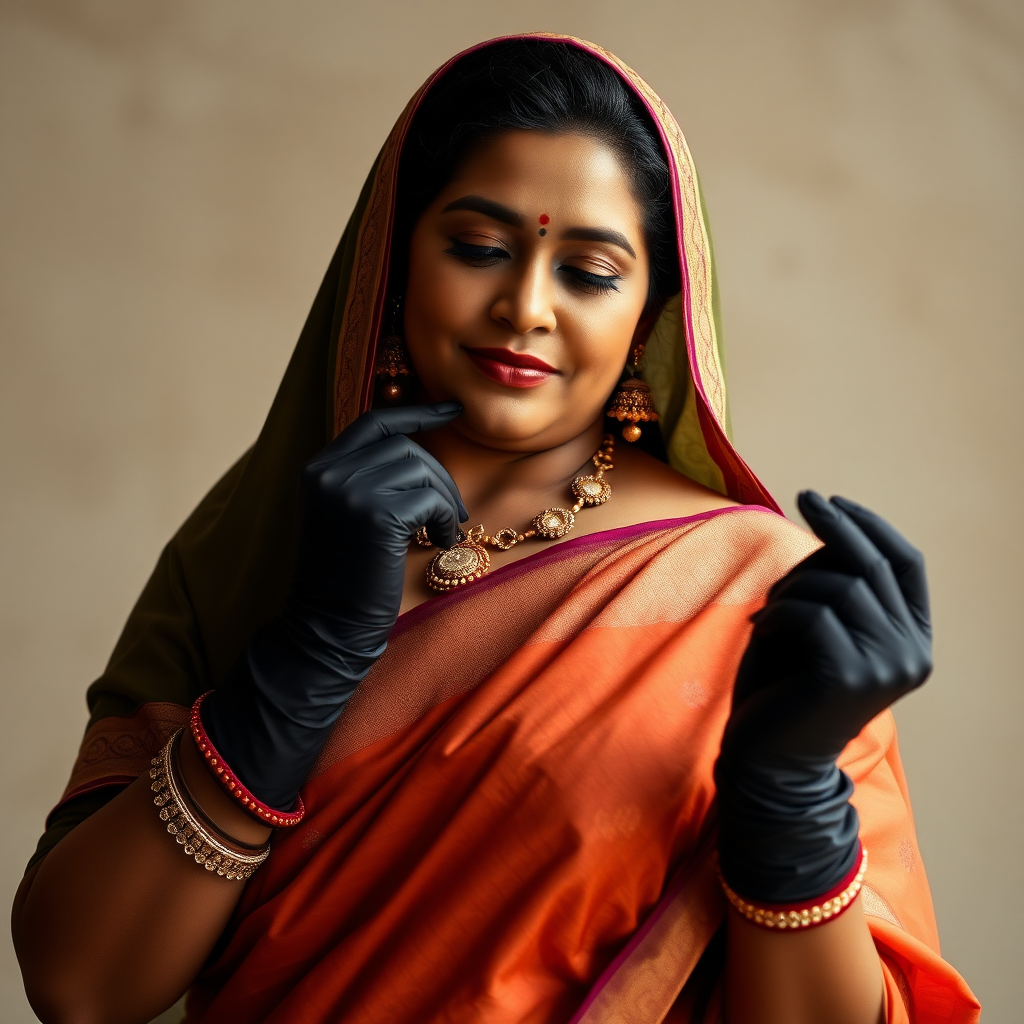 Pov: Curvy mature Indian woman wearing a saree dress, long opera gloves, dupatta headscarf, low-angle