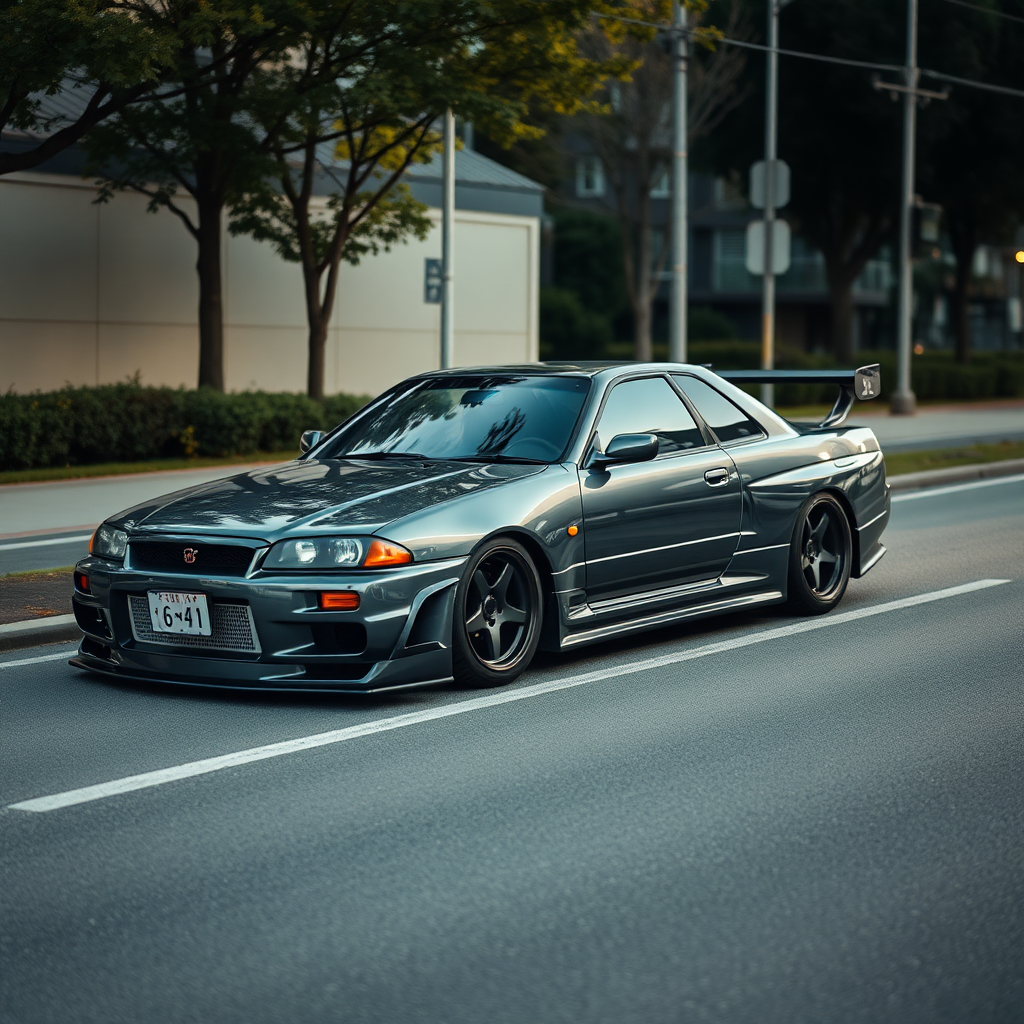 The car is parked on the side of the road, inspired by Taiyō Matsumoto, tumblr, restomod, nd4, c4 metallic shine gray black nissan skyline r34 kalabalik tokyo gece arkaplan