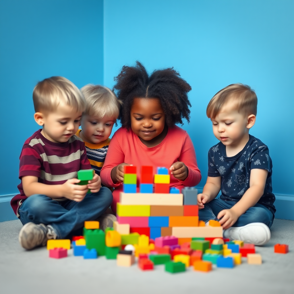 A group of 5 different children who are short, tall, fat, black, and fair are playing with toy building blocks at the age of 10 in a room that should have blue-colored walls.