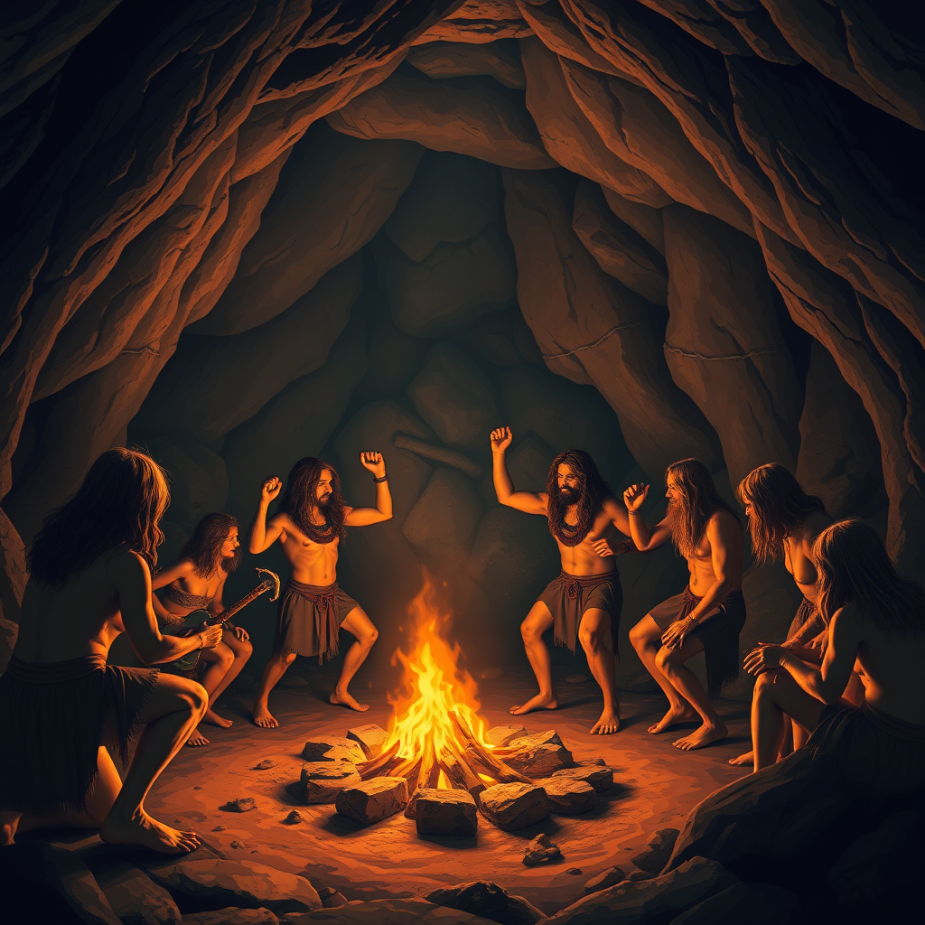 Cavemen are dancing around a campfire in a big cave in reality.