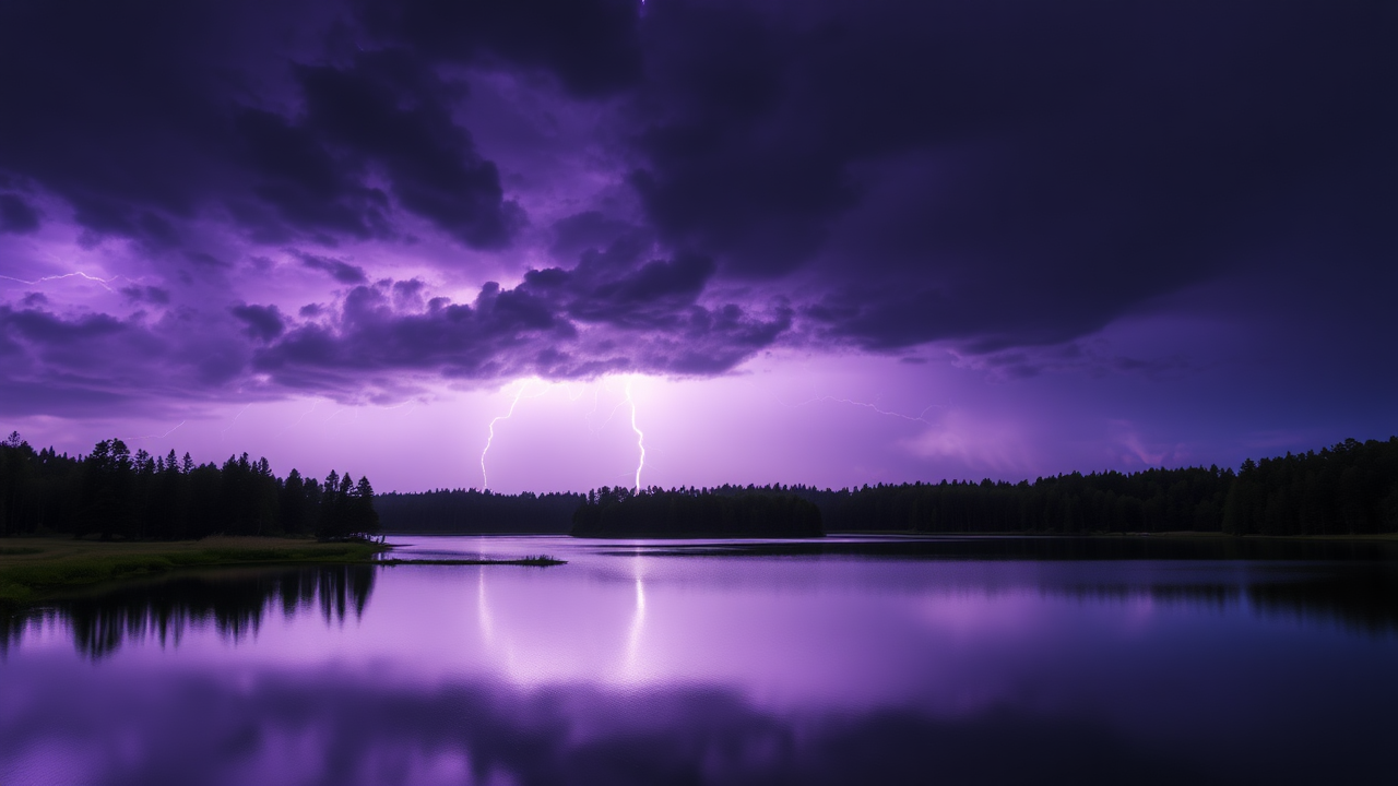 photo, lakes, purple sky, lightning