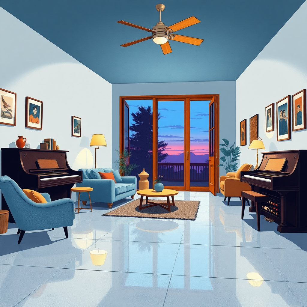 Indoors living room portrayed in the art form of Illustration. Drawing inspiration from the sketches of Mary Blair, the scene showcases a Scandinavian color scheme. The coziness of the room is enhanced by a sofa, armchair, and table, with a piano adding a touch of elegance. A bar under the stair flaunts a wine rack, and the polished concrete floor mirrors the twilight sky visible through a glass door with a wooden frame. Above, a ceiling fan turns lazily, and framed pictures decorate the walls. The room is cast in cool hues, with no discernible facial expressions. Soft lighting illuminates the room, enhancing the serene atmosphere. raw photo, high quality, (masterpiece), realistic,