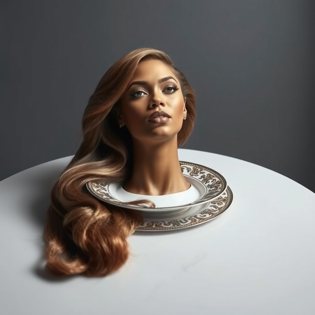 In a surreal and striking scene, the elegantly styled disembodied head of a stunningly beautiful Beyoncé rests gracefully on an ornate, luxurious plate, which is carefully placed on a simple, understated table. Her very long, flowing hair cascades like a rich waterfall of silky, rich brown locks, framing her exquisite face and accentuating her radiant, flawlessly glowing skin. The delicate contours of her chin rest lightly against the polished surface of the plate, lending an unexpected intimacy to the bizarre presentation.

The background is a muted, plain gray, casting an air of modern minimalism that contrasts dramatically with the lavishness of her appearance. Soft shadows play across her features, highlighting the subtle high cheekbones and perfectly shaped lips, which seem poised for a soft smile. The atmosphere feels both elegant and eerie, inviting intrigue and contemplation as viewers are drawn into this surreal artistic tableau, where beauty and the absurd collide in unexpected harmony.