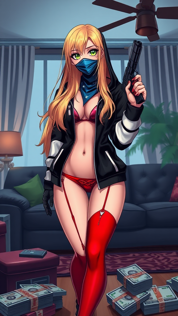 Background of a gang-living room in Miami Florida, Anime, a sexy seductive long-blond hair, green-eyes with makeup eyelashes, wearing a black-white-dark swagger hoodie under a red-bikini and red-gstring thong, red-nails, holding glock-gun in left-hand, bags of cash on floor stolen, blue bandanna over covering mouth, standing up