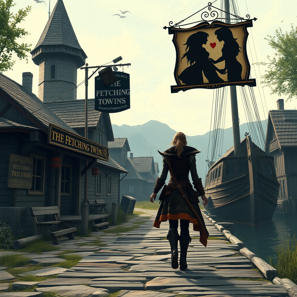 A wide distance shot of a female thief in a pastoral fantasy town. Mage tower in the background. She is fleeing from someone. Bar called "The Fetching Twins" sign (consisting of a silhouette of two women leaning together for a kiss). Village of Dryden, dock with a rundown ship.