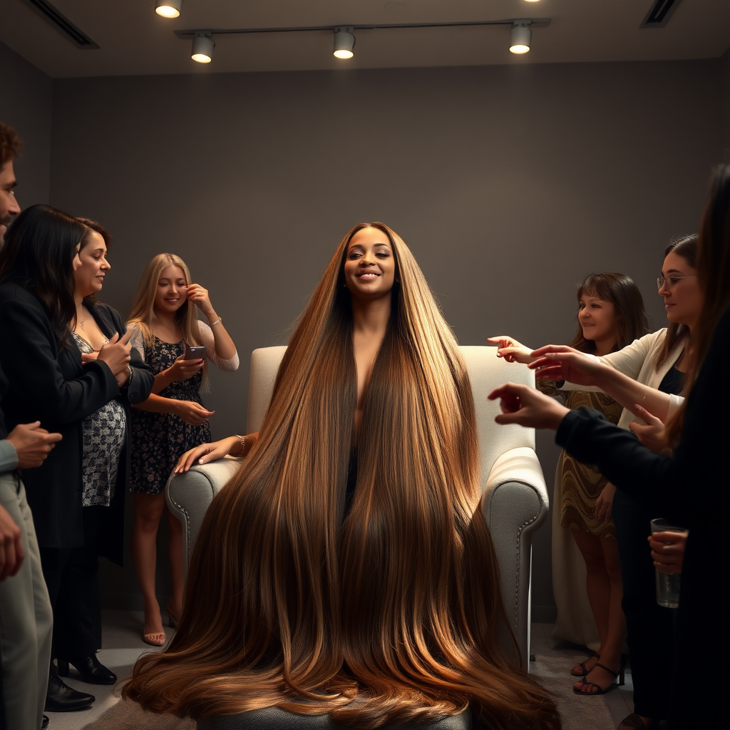 In an elegant, sunlit salon, adorned with soft, minimalistic decor, the stunning Beyoncé sits gracefully in a plush chair, her incredibly long, luxurious hair cascading like a flowing waterfall of silk down her shoulders and past her waist. The gentle glow of overhead lights highlights the rich, deep hues of her hair, each strand reflecting the brilliance of the space around her.

As an interactive long hair fetish performance art exhibit unfolds, curious visitors gather around, their eyes alight with fascination and excitement. Some eagerly reach out, gently grasping her hair between their fingers, feeling the smooth texture slip through their hands, while others playfully tug at it, testing the boundaries of their interactions. Each movement is accompanied by a symphony of soft gasps and murmurs of appreciation, enhancing the atmosphere of intimacy and connection.

The background is a simple, unobtrusive gray, allowing the artistry of the moment to take center stage. The air is charged with a sense of wonder and exploration, as visitors not only admire Beyoncé's hair but also engage in this tactile experience, deepening their understanding of the artistry behind her presence. Her expression is a mixture of serenity and playful engagement, reflecting her comfort and trust in this unique performance, ultimately creating a captivating scene where art and audience intertwine seamlessly.