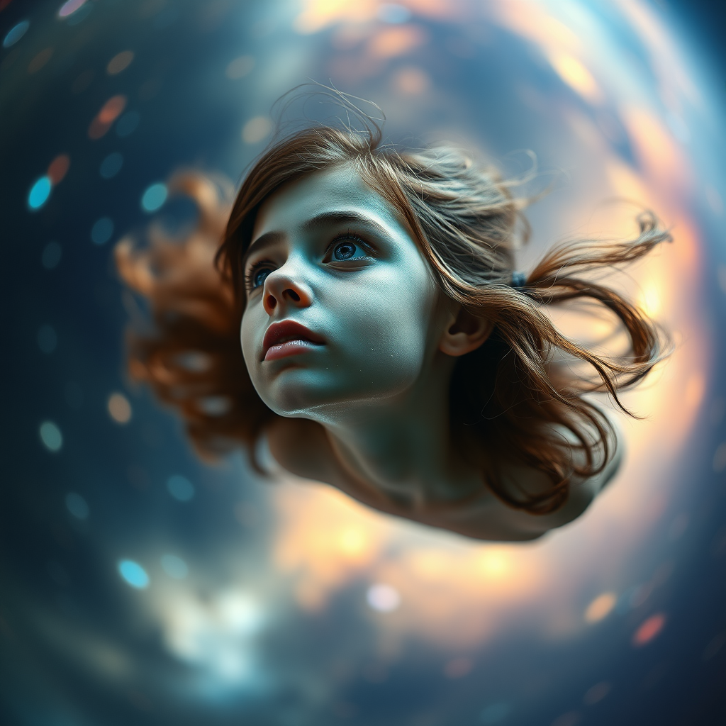 preteen girl floating in space, dreaming, Low Key Lighting, dreamscape, nebula, Bokeh, abstract, brilliant colors, glittering, translucent, iridescent, natural skin, glowing, artistic photo, panoramic, amazement, airy, original, experimental, interdimensional