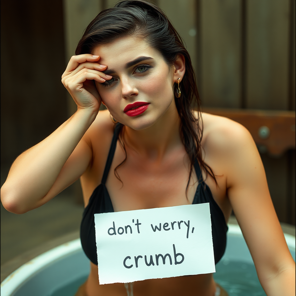 Rooney Mara wet body wearing bikini holding the paper with "don't worry, crumb" written on it.