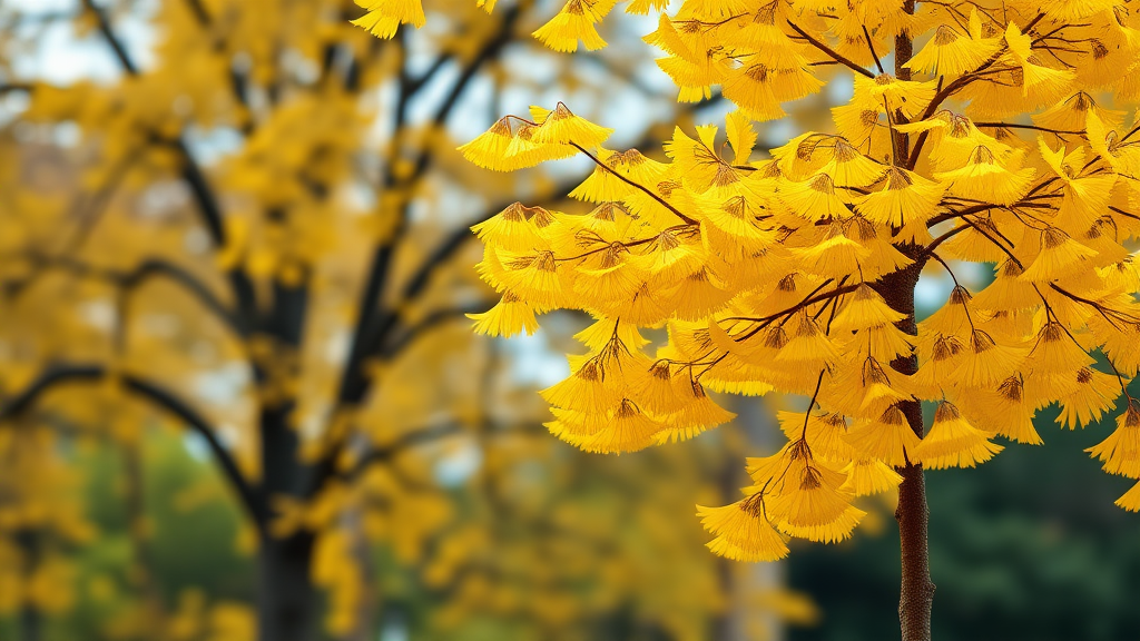 A realistic yellow ginkgo tree, the layout is a large yellow ginkgo tree placed entirely on the right, with ginkgo leaves falling underneath, and the background expressed as out of focus.