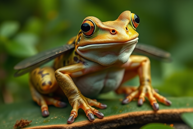 Create a full-length photorealistic image of a frog modeled after the framework and silhouette of a horsefly, ensuring the frog's head remains intact complete with distinct facial features. Retain the frog's smooth skin texture alongside soft, fur-like details representing the horsefly's characteristics. For the background, blend elements from both the frog's natural habitat and the horsefly's environment, incorporating lush greenery and vibrant colors to evoke the essence of each creature. The scene should harmonize these diverse attributes, showcasing a unique fusion of the two animals.