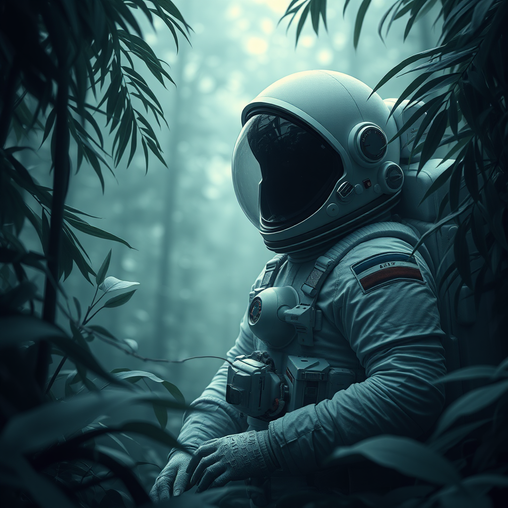 Astronaut in a jungle, cold color palette, muted colors, detailed, 8k