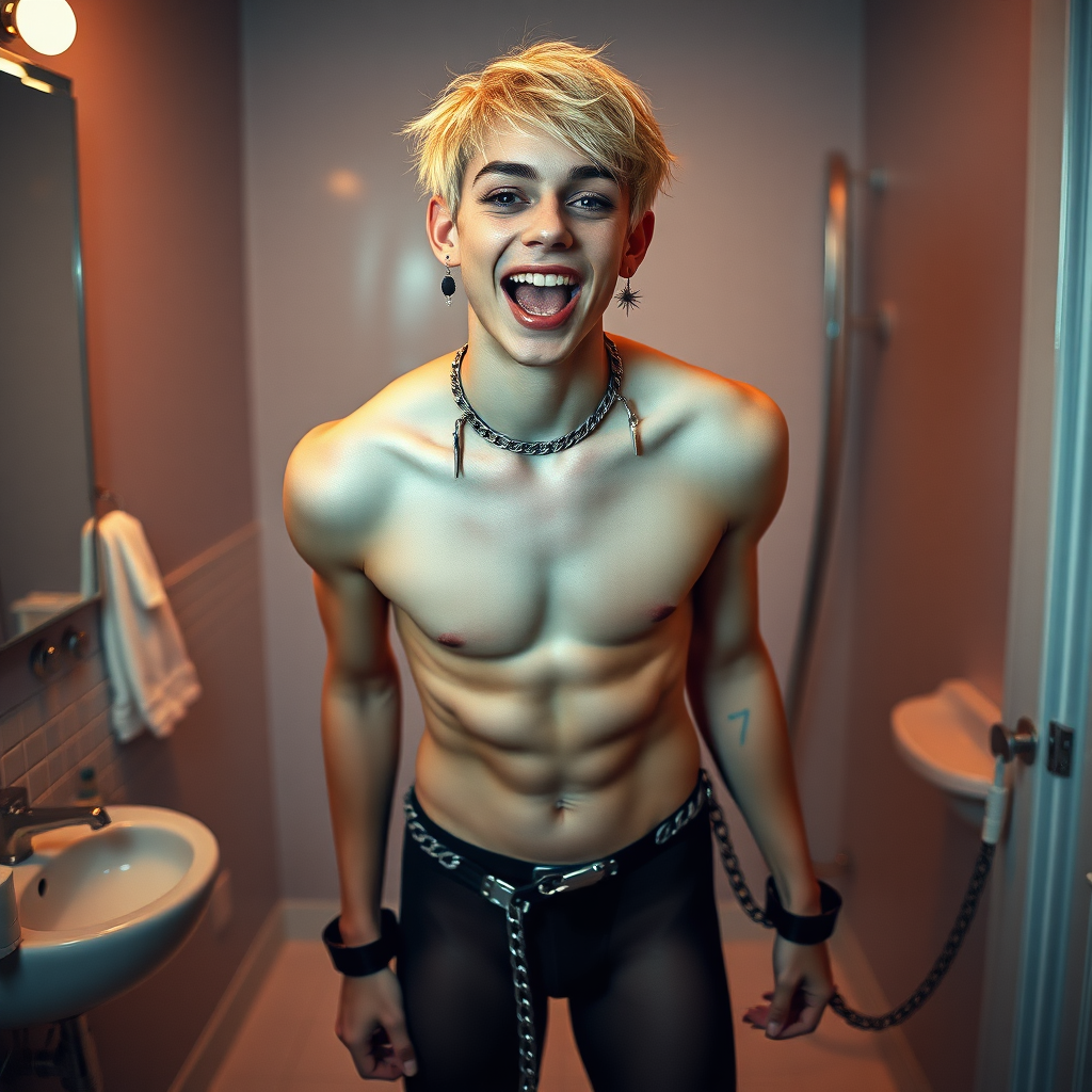 photorealistic, ultra high resolution, 16K, surreal fantasy, studio lighting, a pretty 16 year old goth boy, slim male physique, short blonde hair, goth makeup, earrings, spiky chain and leash, handcuffs, trainer-bra, pantyhose, white ballet shoes, in the bathroom, excited open mouth smile, facing the camera,