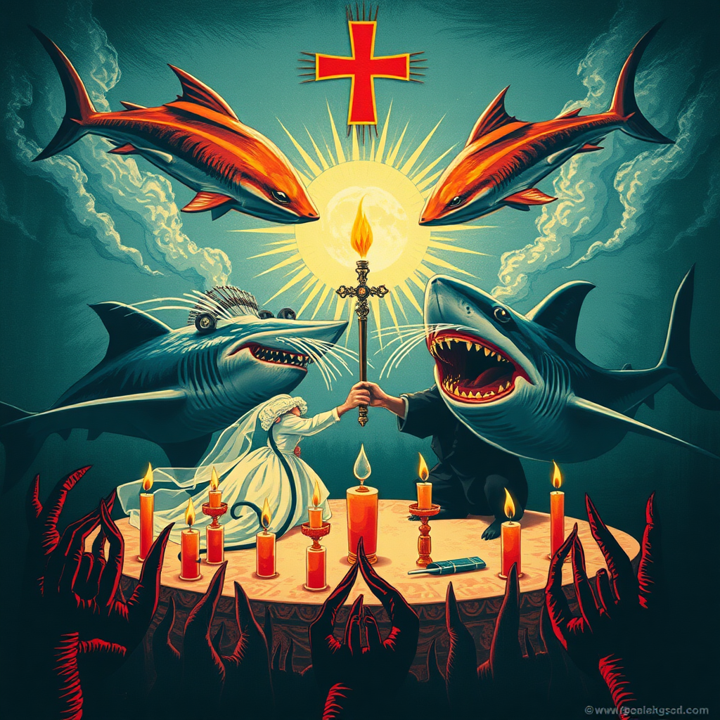 A rat wedding being attacked by hammerhead sharks, Catholic, Soviet propaganda poster, no text, Lovecraftian, in hell