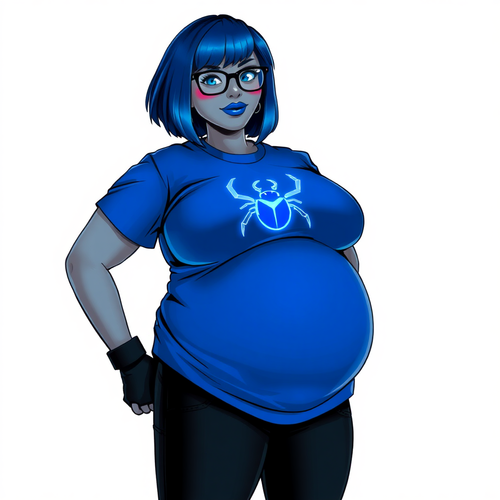 A 28-year-old, full-figured, metallic middle gray skinned computer program hybrid with a maximum blue bob cut. She has a non-athletic build, highlighted by a prominent, round midsection (with emphasis on her belly). As a digital sidekick, computer hacker, and nerdy girlfriend to her cyberpunk vigilante boyfriend, her middle gray metallic skin and maximum blue lipstick emphasize her digital nature. She wears a huge, tight-fitting, maximum blue t-shirt (accentuating her belly) with a neon blue glowing chest icon of a beetle, black pants, a black belt with a sapphire scarab buckle, and black gloves. Her bright blue eyes, black eyeglasses, and lovestruck smile with neon red blush accentuate her nerdiness. She stands bashfully with her hands behind her back, her t-shirt covering her midsection (especially her large belly) and emphasizing her full-figured, non-athletic physique. She is on a solid white background. She is drawn as if she was in a retro 2D cyberpunk fighting game. She is clearly non-athletic, with a focus on her full-figured physique. Ensure her t-shirt covers her midsection (especially her round belly).