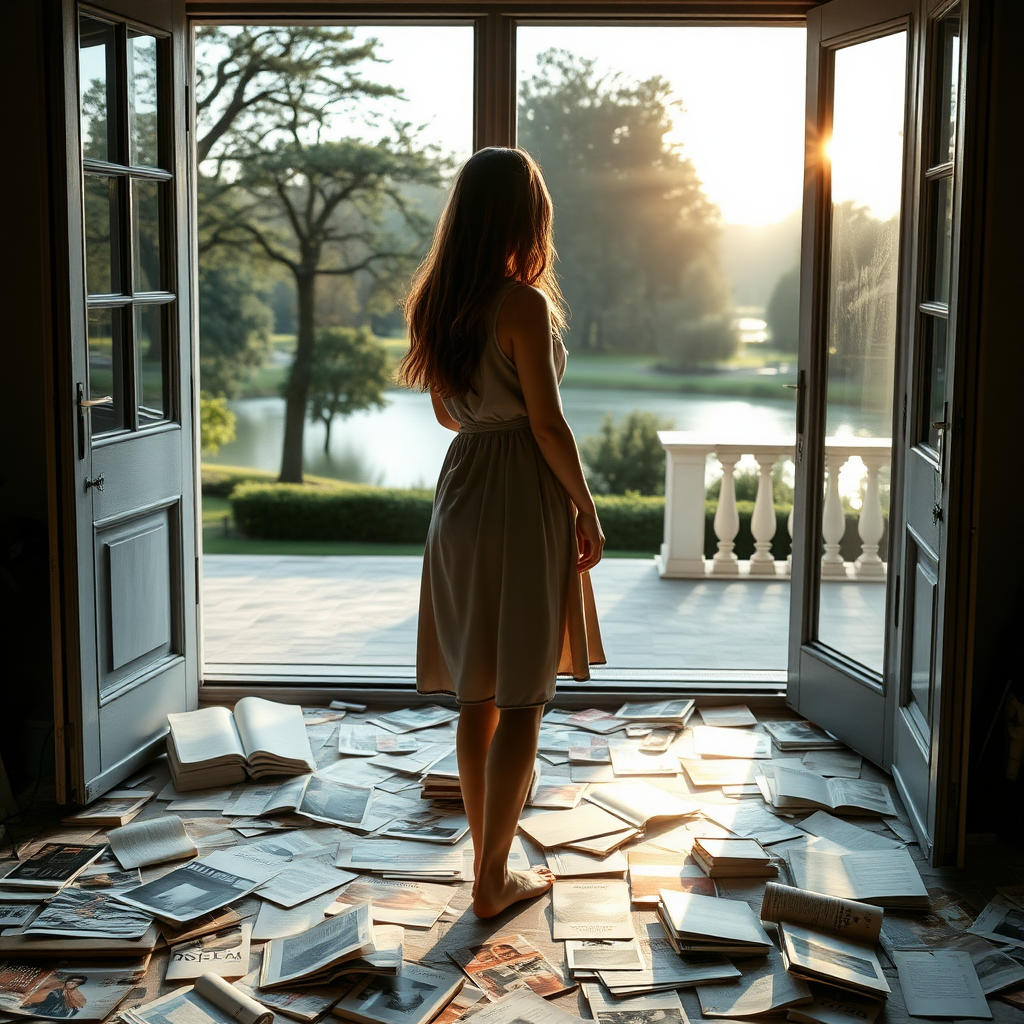 a young woman standing in the open terrace door and looking outside to a beautiful park with a lake and trees. she is wearing a simple dress and is barefooted. long brunette hair with highlights. on the floor behind her in the room there are many disrupted books and magazines. mystic light outside. the books and magazines seem to disappear in something like fog on the ground of the room. sun on the terrace. photo