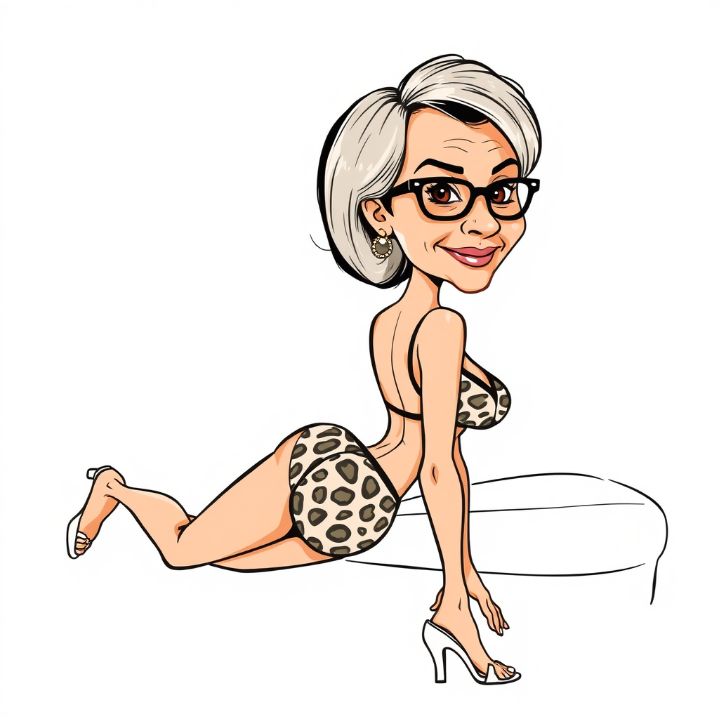 55 Years old, European, Latina, sharp aquiline nose, wrinkles, high cheekbones, Middle Eastern, Skinny, Tanned skin, Dark light skin, Rounded Medium breasts, Skinny thighs, round ass, full Makeup, jewelry, Serious face, Sharp nose, blushing, Ash hair, short bowl haircut, Brown eye color, Glasses, with detailed features. swaying hips, smiling, She is walking away, back side view, she is looking over her shoulder, she is wearing a leopard bikini, detailed fabric. full body, high heels sandals, lying on her stomach on a couch, long establishing shot, 2D, caricature, cartoon, Sketch lines, coloring book, coloring book style on white background, well composed, clean coloring book page, No dither, no gradient, strong outline, No fill, No solids, vector illustration, movement lines. realistic proportions, detailed body, correct anatomy.