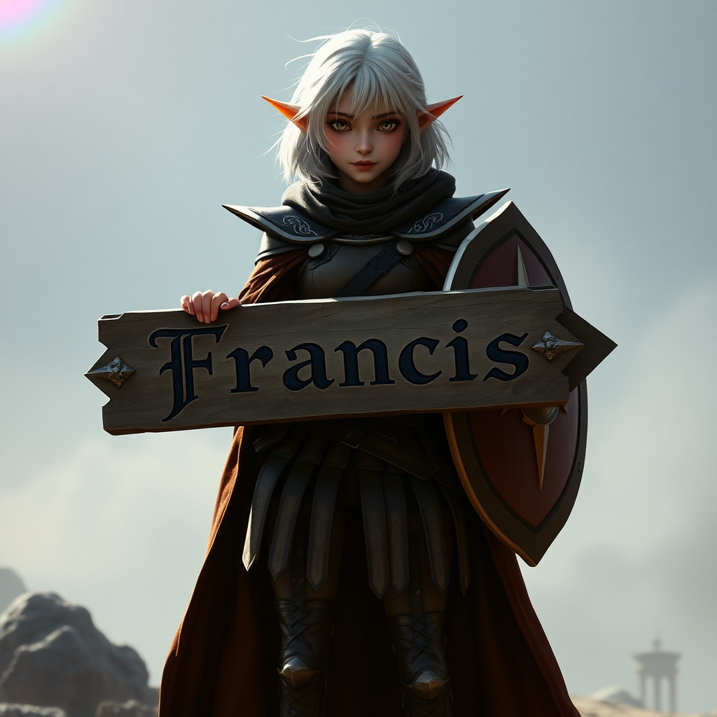 A twenty-something elf girl like (Ana de Armas). Messy shoulder-length white hair. Wide triangular shoulder pads, flowing cloak, leather armor, shield, skirt, high heel ankle boots. She is holding a sign with the word "Francis" engraved on it. WLOP style. Photorealistic digital matte painting, highly detailed, film grain, lens flare, chromatic aberration.