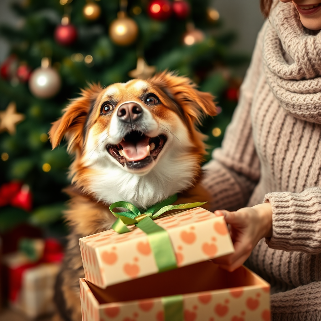 A dog was very happy to receive a gift at Christmas, and a woman is holding the dog. The gift box has no lid, and it is a real photograph.