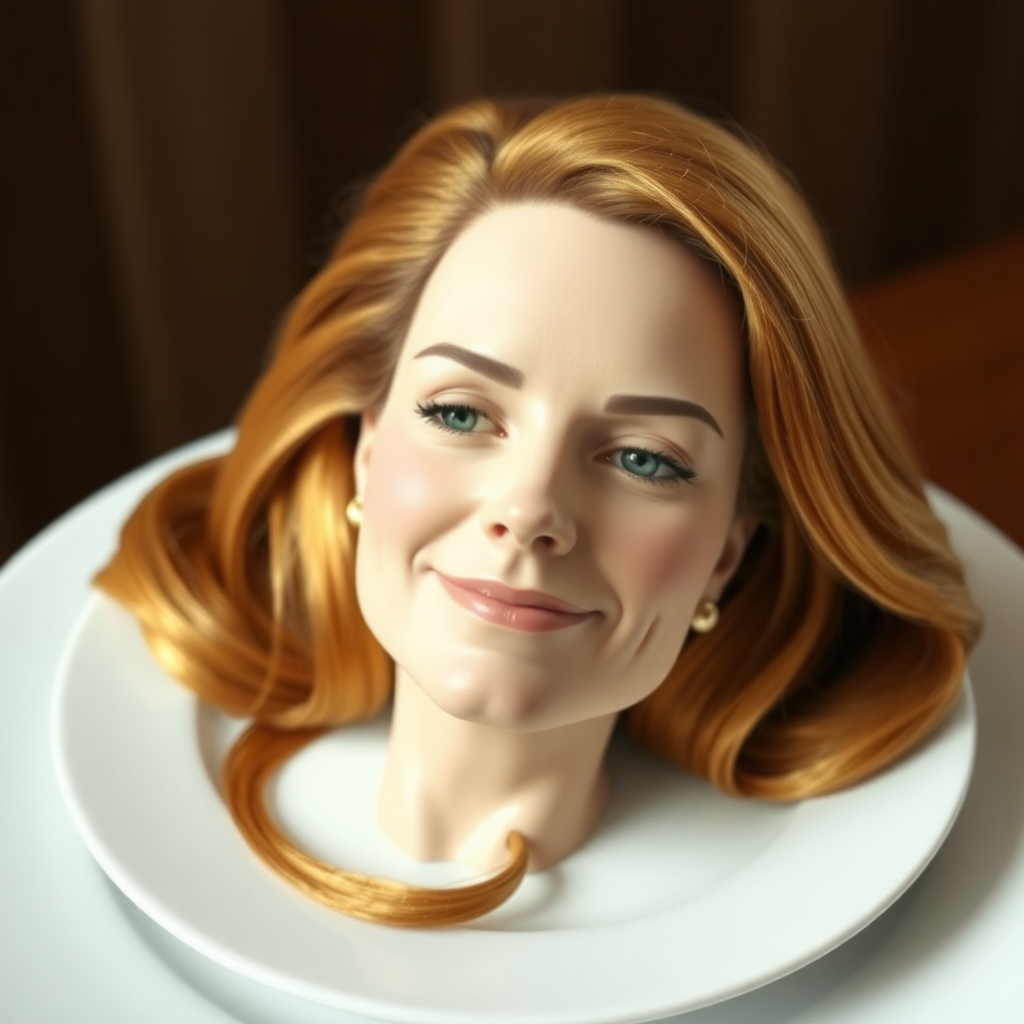 In a surreal and whimsical culinary display, Kate Middleton's disembodied head is elegantly arranged on a pristine, white porcelain plate. Her long, flowing hair cascades luxuriously around the edges, each strand meticulously crafted to shimmer in the ambient light, reminiscent of spun gold. The delicate features of her face, perfectly sculpted, convey a serene expression, with a soft, inviting smile that radiates warmth and grace.