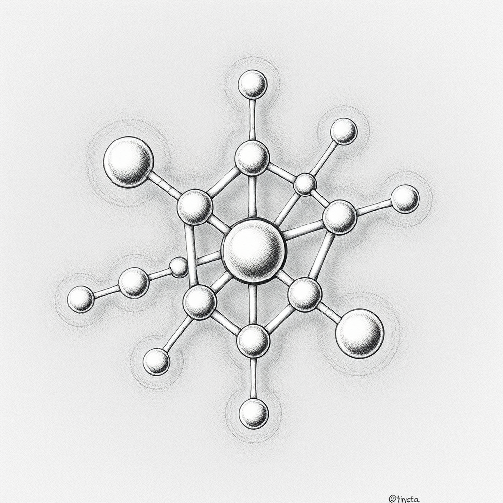 An iron molecule in the style of MC Escher, drawing, impossible, pencil, black and white