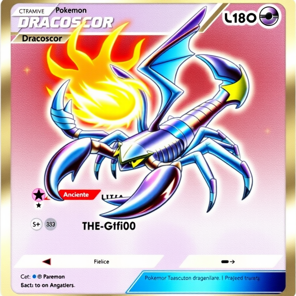 A Pokémon card of an ultrarare Pokémon called "Dracoscor". Dracoscor has the body of a scorpion, with a sleek, armored exoskeleton that shimmers with iridescent scales. Its tail is long and segmented, ending in a sharp, venomous stinger. From its back sprout two large, dragon-like wings, allowing it to soar through the skies. Its eyes glow with a fierce, intelligent light, and its claws are both powerful and precise. Abilities:
Venomous Sting: Dracoscor can inject a potent venom that paralyzes its foes.
Dragon Breath: It can unleash a powerful blast of dragon fire from its mouth.
Camouflage: Its scales can change color to blend into its surroundings, making it nearly invisible.
Ancient Power: Dracoscor can tap into ancient energies to boost its strength and resilience in battle.