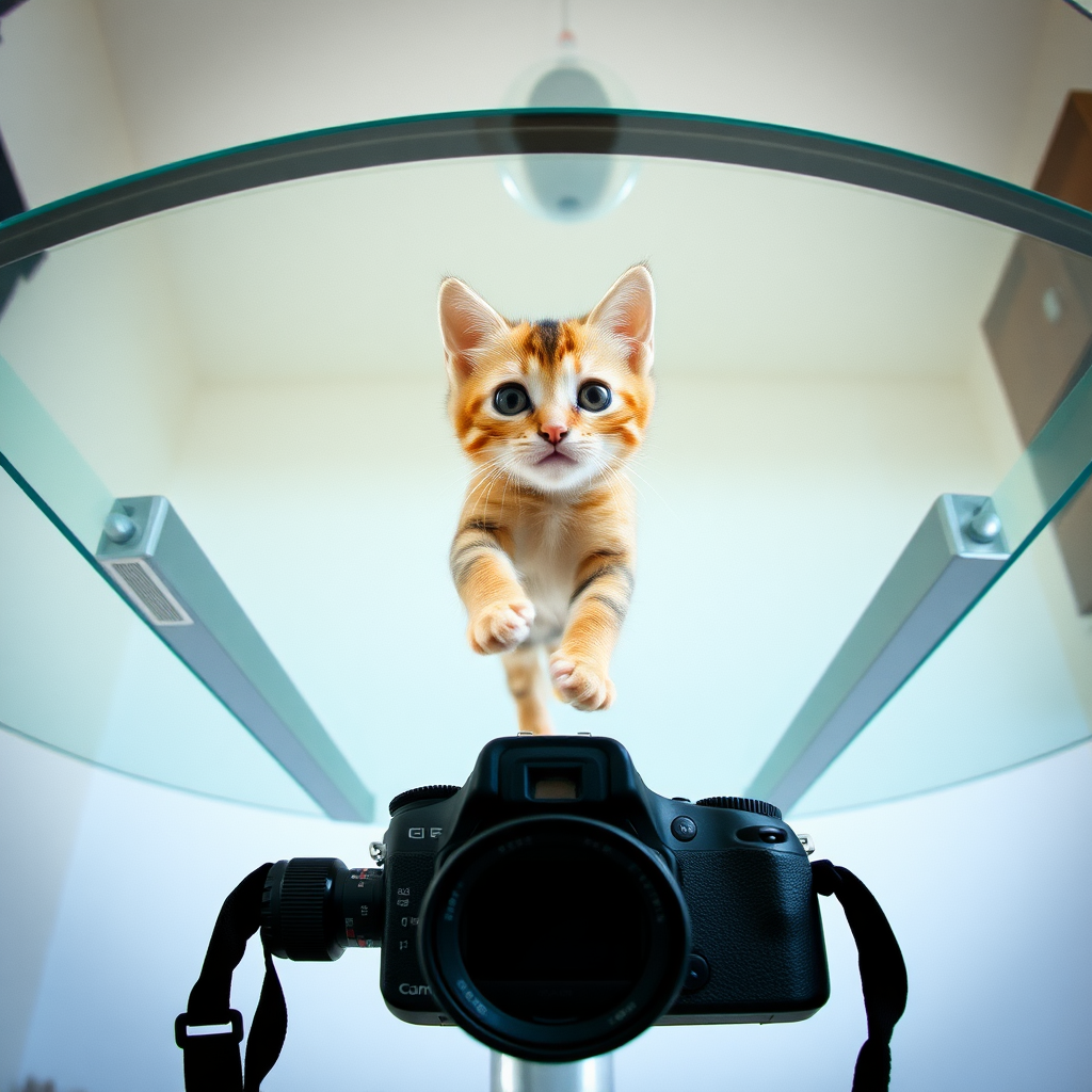 The camera is positioned directly beneath the transparent dining table, shooting straight up vertically. A cute little cat is walking on the table, with all four paws clearly visible.