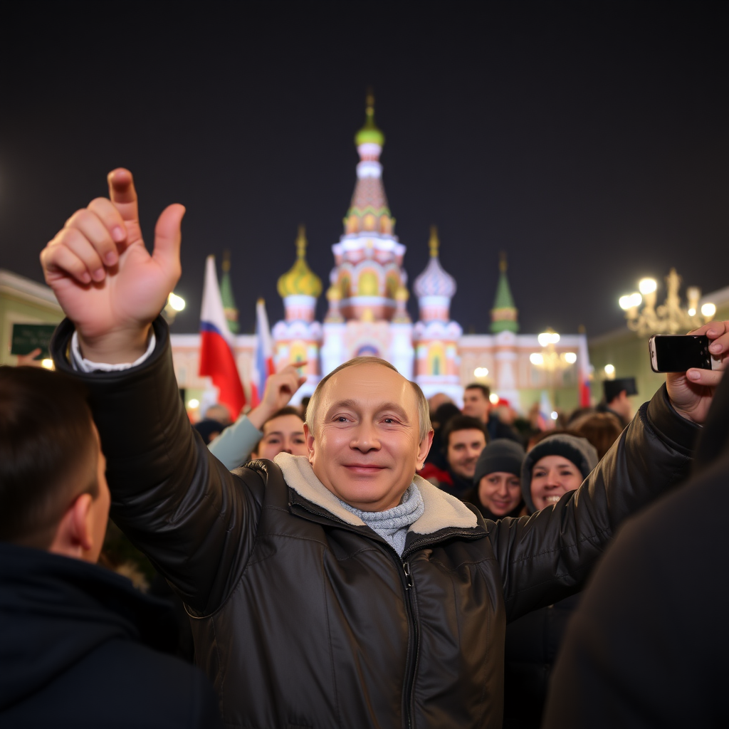 Putin is celebrating with the people in front of the Kreml.