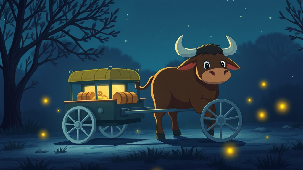 A cute cart and bull at night with some fireflies around animation