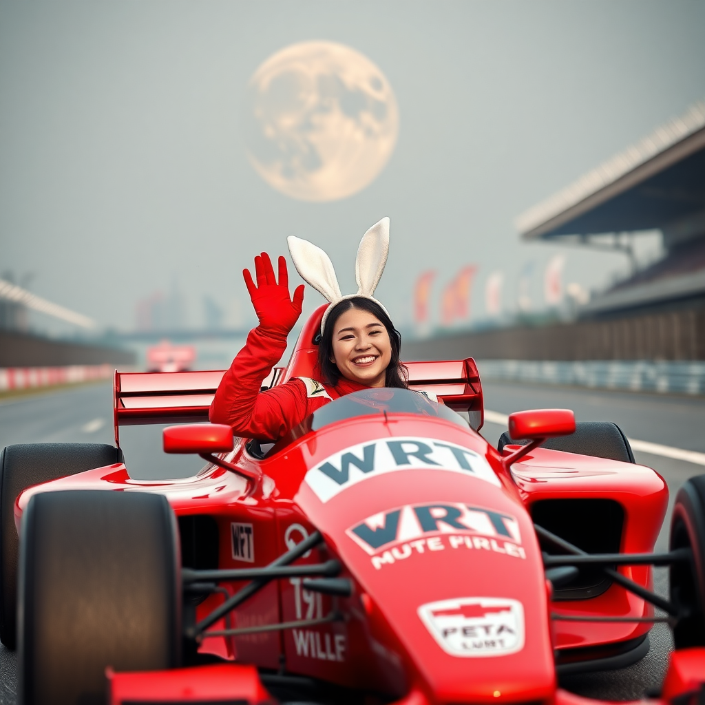 On the racetrack in Shanghai, a red formula racing car bearing only the letters WRT, driven by a beautiful Chinese female racer wearing bunny ears. She is sitting in the car, cheerfully laughing and waving her hand, her hand clad in red racing gloves. Her red racing suit also features only the letters WRT, and in the background is a giant moon.