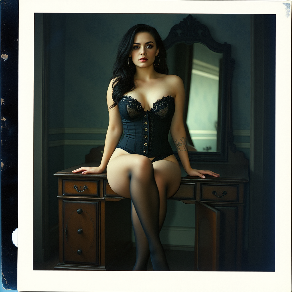 Scan of an nsfw old polaroid photograph with visible wear and heavy vignetting and blue color tint and light leaks, depicting a sexy pale curvy alt goth girl wearing a black lace cupless underbust corset revealing her nipples and wearing black stockings and high heels, sitting on a builtin vanity with mirror in old house with wallpaper on walls with her knees parted. Camera flash used. Dark lighting. Moody and hazy. Grunge look. Erotic. Nude