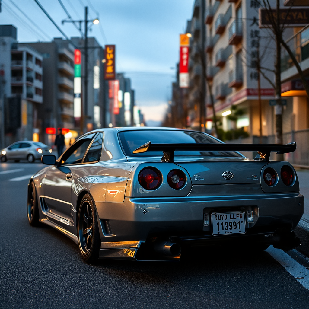 The car is parked on the side of the road, inspired by Taiyō Matsumoto, tumblr, restomod, nd4, c4 metallic shine gray black nissan skyline r34 tokyo gece cosplay kadınlar arkaplan hatasız tam eksiksiz ayrıntılı genel gerçek detaylar