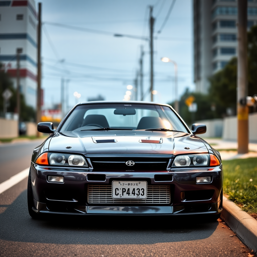 the car is parked on the side of the road, inspired by Taiyō Matsumoto, tumblr, restomod, nd4, c4 metallic shine nissan skyline r34