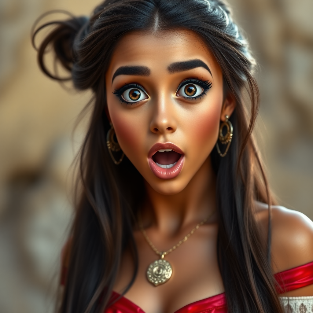 surprised Arabian girl with mouth open. She has very large eyes, black eyeshadow, black eyeliner, fake eyelashes, very tanned skin, very long hair. very high ponytail, princess jasmine, red off shoulder shinny crop top. photo realistic