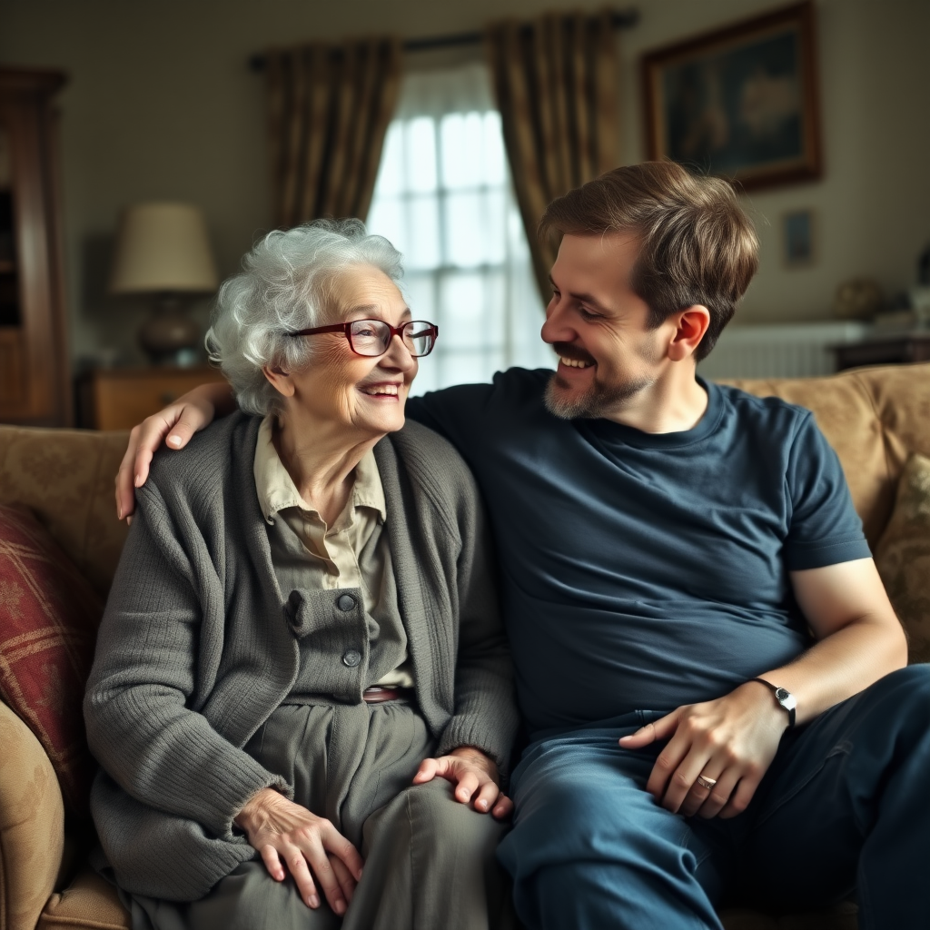 In a scene viewed from an angle and slightly above: In an old-fashioned English living room, a very frail and thin, very elderly English lady with a kind smile, short, thinning white curly hair, wrinkled face, neck and skin, wearing thin framed glasses, an old cardigan, blouse and long skirt is sitting on a sofa with an English man about 40 years old, grey stubble on his chin, brown hair, sitting close next to her on the same sofa, wearing a black T-shirt and dark blue jeans. The man and woman are smiling at each other. The woman is looking at the man's eyes and smiling. The man is looking at the woman's eyes and smiling.