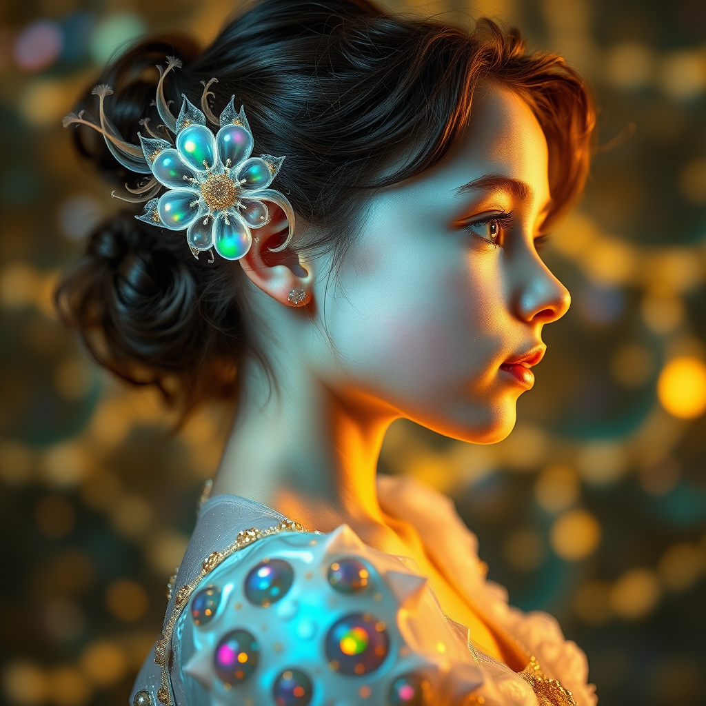 french preteen girl in dynamic pose, in profile, abstract, mandelbulb fractal, ultra-detailed, dynamic composition, artistic photograph, fractal, brilliant colors, glittering, translucent, opal, gold, sharp focus, floral, mother of pearl, iridescent, natural, glowing, Bokeh