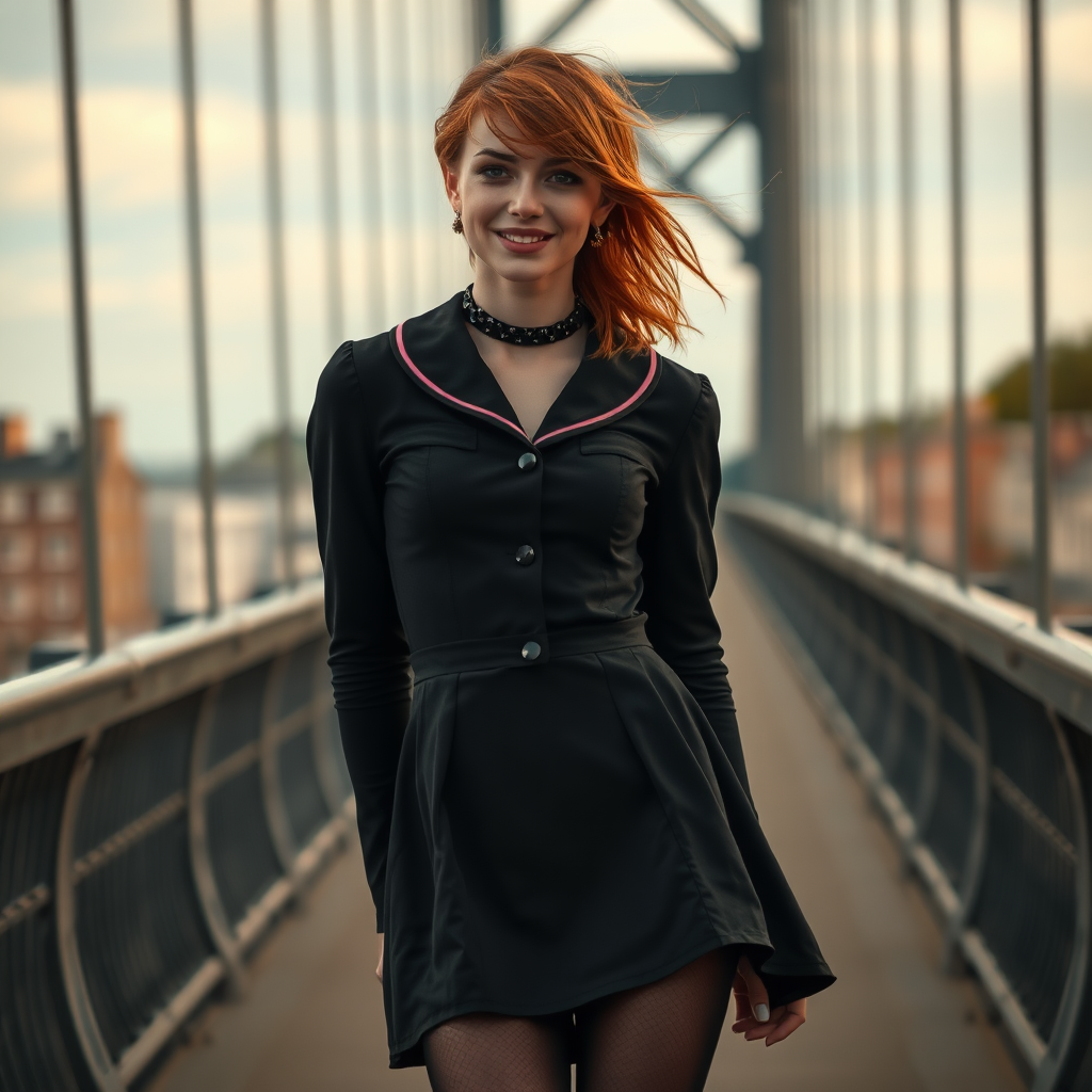 photorealistic, ultra high resolution, 16K, surreal fantasy, soft studio lighting, Tyler Swift is a pretty 18 year old goth male, slim male physique, auburn hair, goth makeup, earrings, shiny black pantyhose, UK girls-school uniform, Mary-Jane shoes, spikey neck collar, standing on a bridge, the wind has blown his dress up above waist level to expose his pantyhosed bottom, in daylight, excited smile, facing the camera.