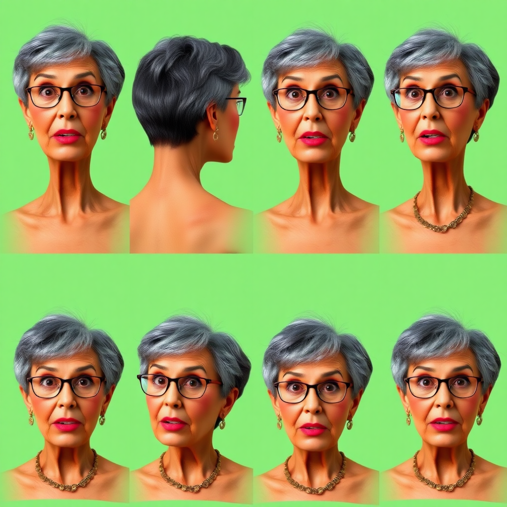 Photorealistic image of six headshots of a 50 Years old, fit, European, Latina, sharp aquiline nose, wrinkles, high cheekbones, Middle Eastern, Skinny, Tanned skin, Dark light skin, full Makeup, jewelry, Sharp nose, exaggerated expression, surprised, astonished, delighted, mouth open, dark grey Ash hair, short bowl haircut, Brown eye color, Glasses, with detailed features. Each photo displays the same face in back, profile and front view, cut out and isolated on a green background. All six heads are visible side by side, empty space around each view, no overlapping.