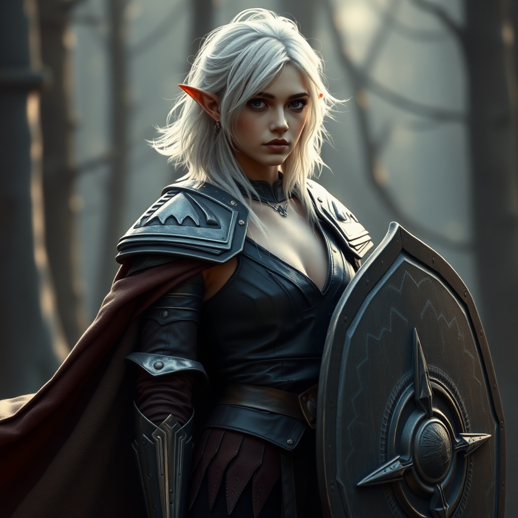 A twenty-something elf girl like (ana de armas). messy shoulder length white hair. wide triangular shoulder pads, flowing cloak, leather armor, shield, skirt, high heel ankle boots. WLOP style. Photorealistic digital matte painting, highly detailed, film grain, lens flare, chromatic aberration.