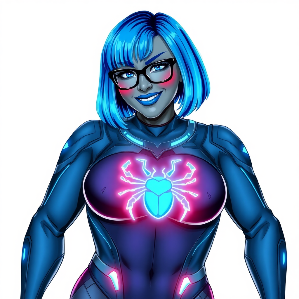 A 28-year-old, full-figured, middle gray metal skinned computer program-human hybrid with a maximum blue bob cut. She is the digital sidekick, computer hacker, and nerdy girlfriend of her cyberpunk vigilante boyfriend. Her middle gray metallic skin, distinct from any other character, highlights her digital nature. She wears maximum blue lipstick and has bright blue eyes. Her outfit includes a maximum blue full bodysuit with neon blue glowing beetle-themed accents completed by a neon blue glowing chest icon of a beetle. Black eyeglasses accentuate her nerdiness, and she has a lovestruck smile with neon red blush. Her full figure, including a prominent, gargantuan, round midsection (with all the emphasis on her gargantuan belly), gigantic limbs, and broad shoulders, reflects the doting care of her vigilante boyfriend. The background is solid white. She is drawn as if she was in a retro 2D cyberpunk fighting game. Ensure her bodysuit covers all her bare skin (especially her round gargantuan belly). Her bodysuit is influenced by DC's superheroine Jennifer Knight Phantom Lady but remains distinct.