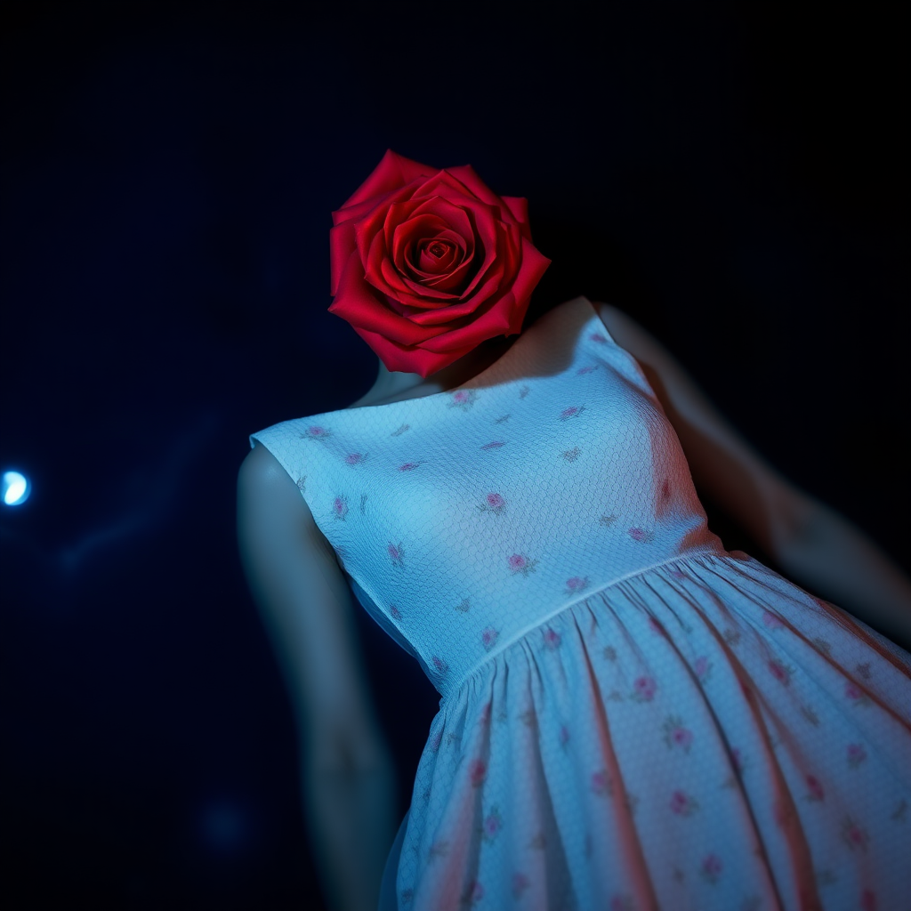 A red rose bouquet head, no human, front view, wearing a white textured dress with pastel minimal floral print design, closeup shot, hyperrealistic, lying inside water with blue and pink effect, nighttime, dark.