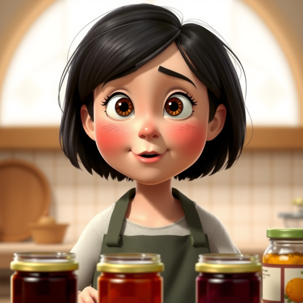 Create an image in Pixar style of a 35-year-old young woman who has Down syndrome and an intellectual disability, which should be evident in the image. She has a round face, small eyes, and a small nose, with short hair. Her mouth is slightly open, and she is making jams, with jars of jam beside her.