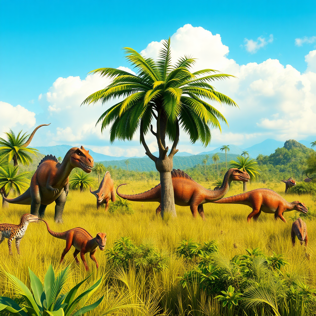 tropical savanna with realistic dinosaurs 8K