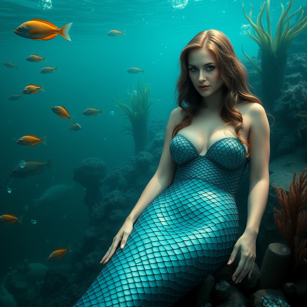 Sookie Stackhouse as a very sexy mermaid. The sea is deep and mysterious and filled with a myriad of ocean life plants, fish, and other aquatic life.