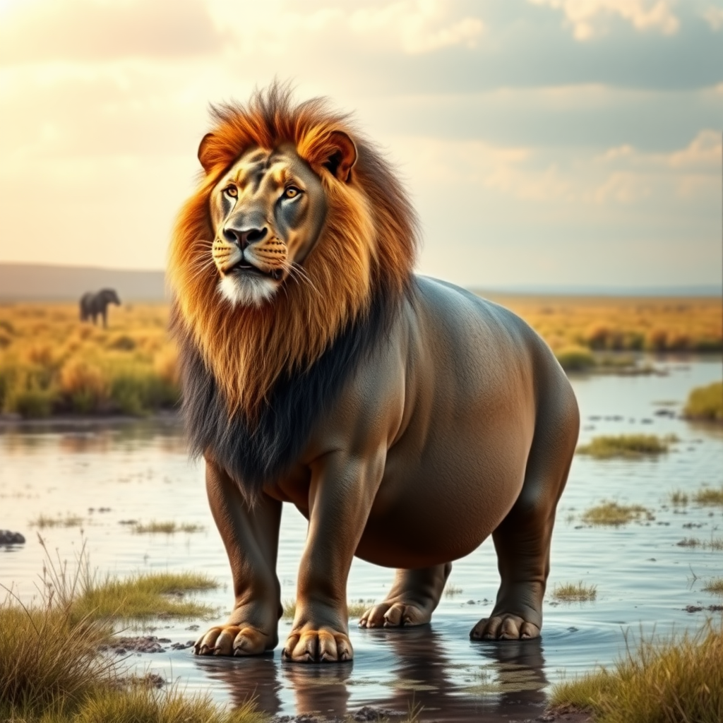 Create a full-length photorealistic image of a lion using the body of a hippo. Retain the lion's head and facial features, while altering the skin to match the hippo's proportions. Design a background that combines elements from the natural habitats of both animals, featuring a blend of savannah and riverbank scenery, with grasslands and water. Ensure the overall composition highlights the unique blend of these two magnificent creatures in a harmonious and realistic environment.