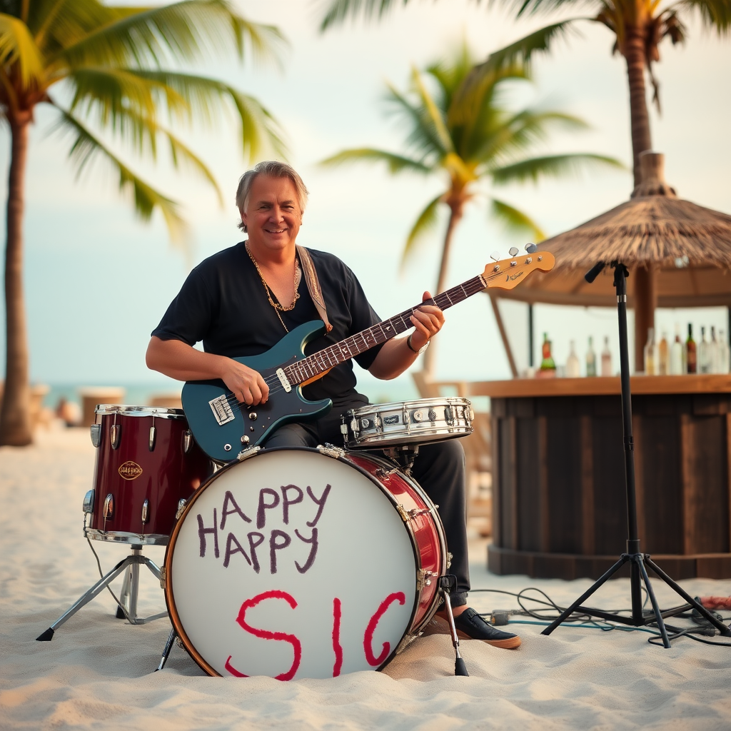 Peter Maffay sitting on drumset on beach with palms and bar, bass drum spelling the words "Happy Birthday Sigi."