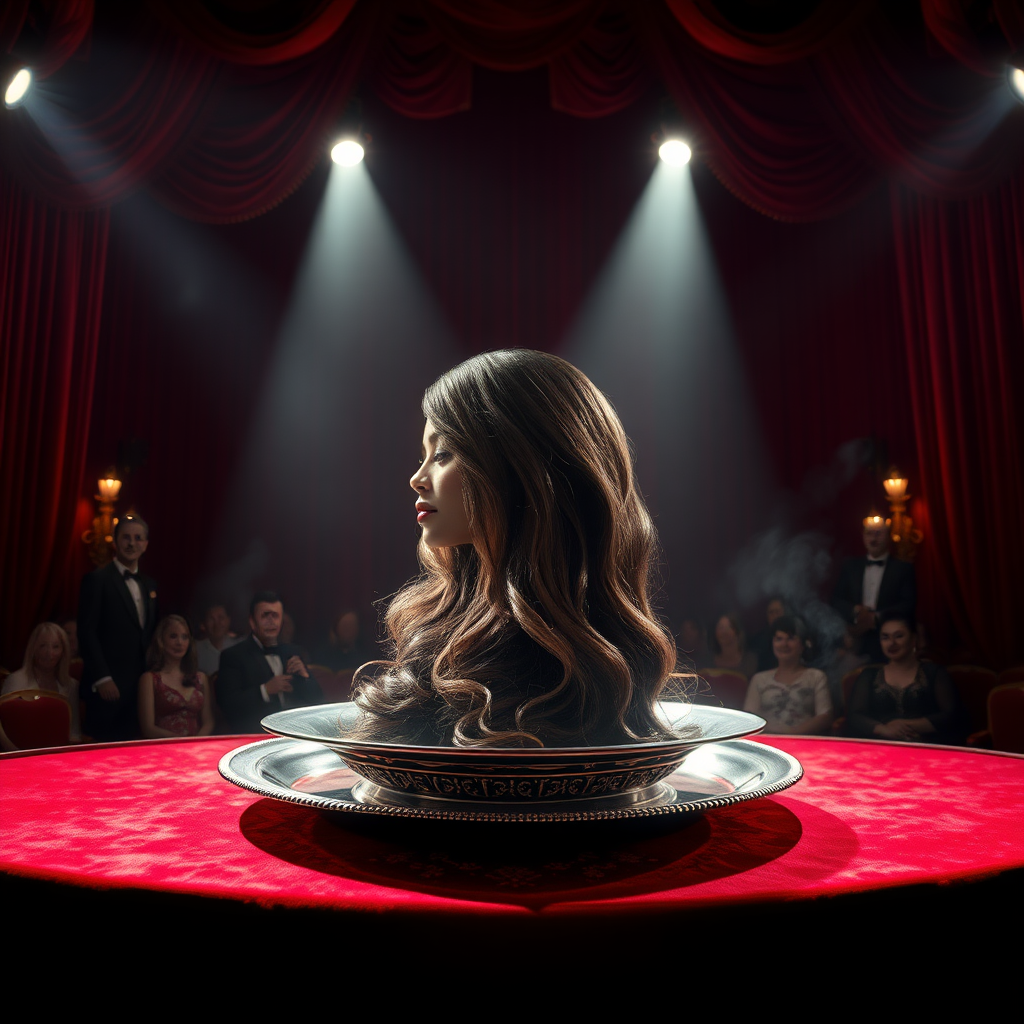 In an extravagant, well lit theater, the stage is elegantly adorned with plush red velvet curtains that gently sway in an unseen breeze. At the center of this captivating scene lies a large, ornate silver platter, glinting under the soft spotlight, which creates an almost ethereal atmosphere. Resting gracefully on the finely polished surface is the stunning head of a beautiful, ethereal woman resembling Beyoncé, her luxurious, cascading hair flowing like a shimmering waterfall of ebony silk. Each strand seems to dance with an enchanting rhythm, catching the light with every slight movement, creating an illusion of vibrant motion.

The audience is hushed in awe, their breaths held as they stare in disbelief, captivated by the spellbinding trick. The air is thick with a citrusy sweetness, reminiscent of faintly burning incense, enhancing the magic of the moment. As the illusionist, dressed in a sharp black tuxedo, moves with elegance and poise, a mischievous smile creeps upon their lips, sparking curiosity about the secrets behind this incredible spectacle. Subtle twinkling sound effects accompany the trick, amplifying the mystery and enchanting the viewers, who lean forward in their seats, eyes wide with wonder, as they await the next marvelous reveal in this surreal performance.