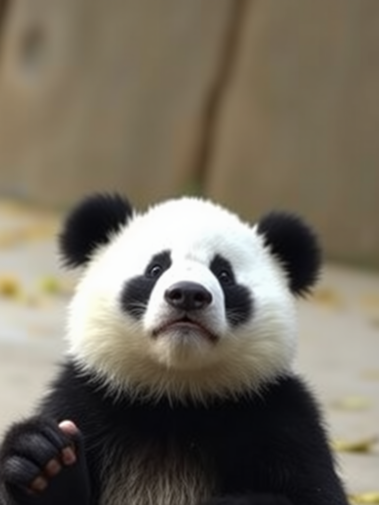 Picture of a panda bear looking into the camera while shrugging.